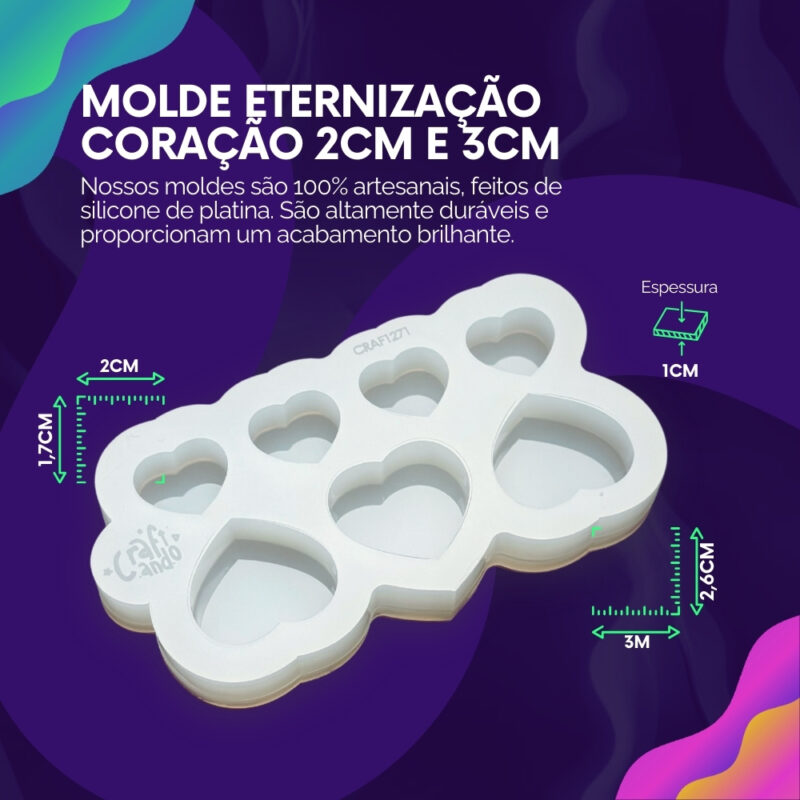 Molde de Silicone Para Resina Epóxi Paleta Eternização Coração 2cm e 3cm - Imagem 2