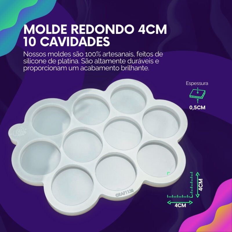 Molde de Silicone Para Resina Epóxi Redondo 4cm 10 Cavidades - Imagem 2