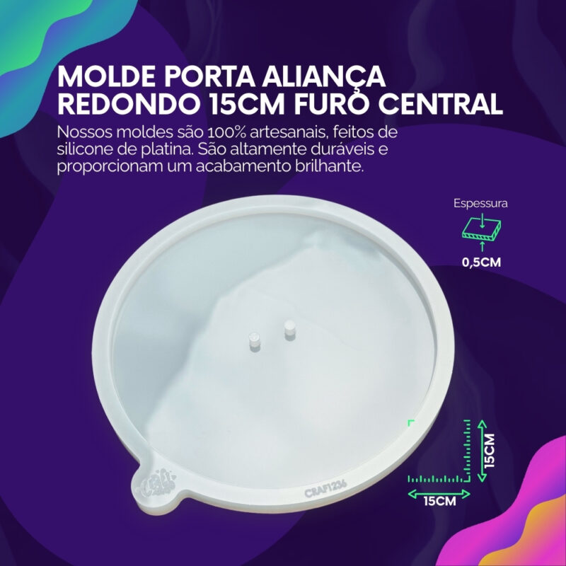 Molde de Silicone Para Resina Porta Aliança Redondo 15cm Furo Central - Imagem 2