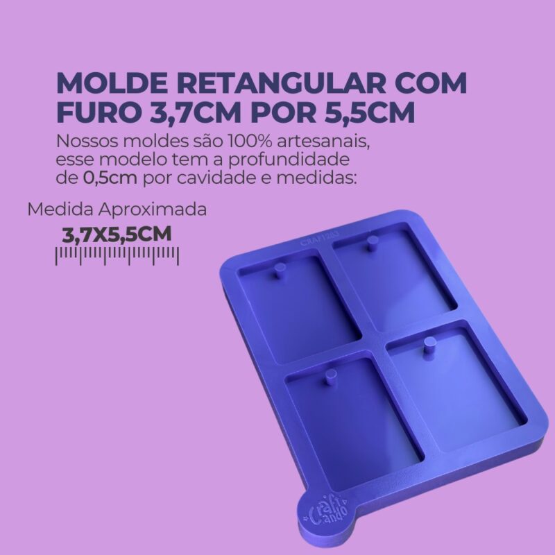 Molde de Silicone Para Resina Epóxi Retangular Com furo 3,7 x 5,5cm - Imagem 2