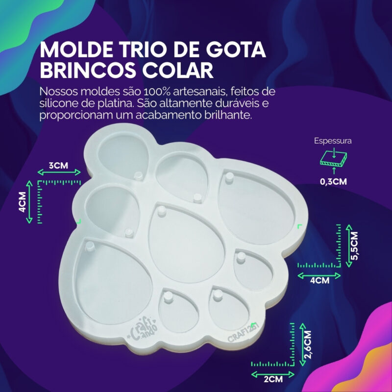 Molde de Silicone Para Resina Epóxi Trio de Gota Brincos Colar - Imagem 2