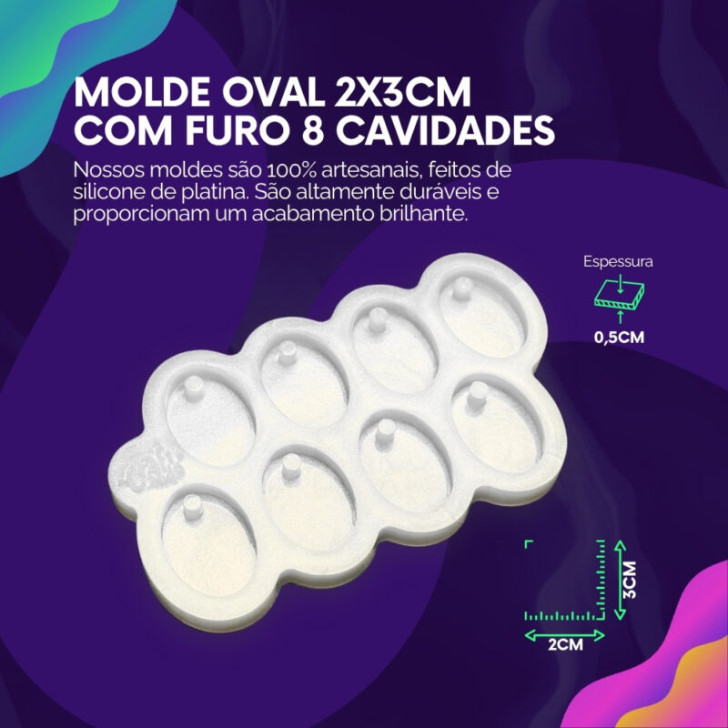 Molde de Silicone Para Resina Oval 2x3cm com furo 8 cavidades - Imagem 2