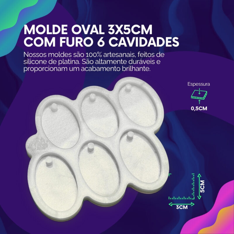 Molde de Silicone Para Resina Oval 3x5cm com furo 6 cavidades - Imagem 2