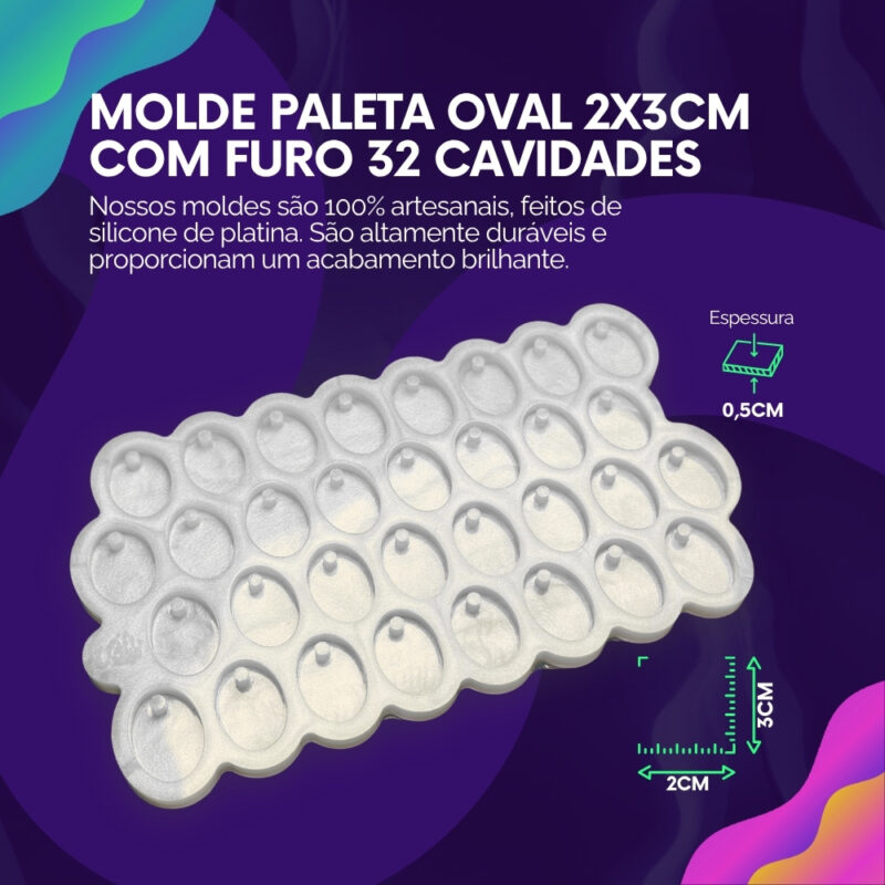 Molde de Silicone Para Resina Paleta Oval 2x3cm com furo 32 cavidades - Imagem 2