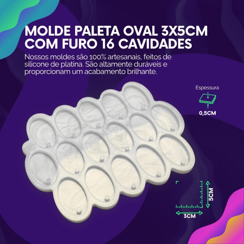 Molde de Silicone Para Resina Paleta Oval 3x5cm com furo 16 cavidades - Imagem 2