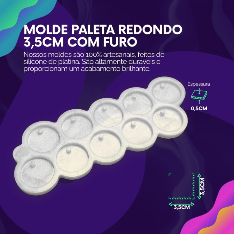 Molde de Silicone Para Resina Paleta Redondo 3,5cm com furo - Imagem 2